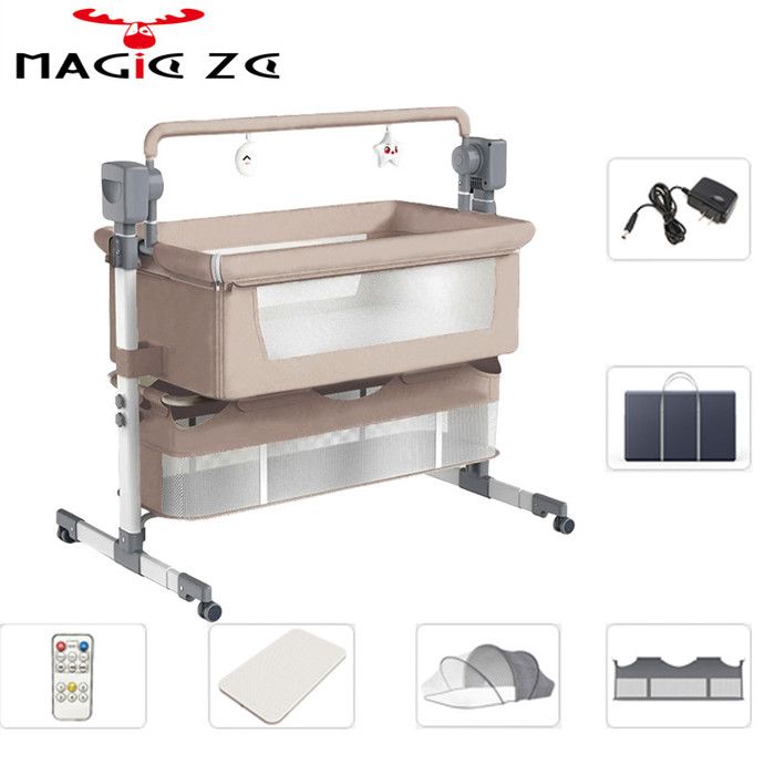 Lit bébé bascule électrique Magic ZC hauteur ajustable matelas doux lecteur Bluetooth et grand espace de rangement beige