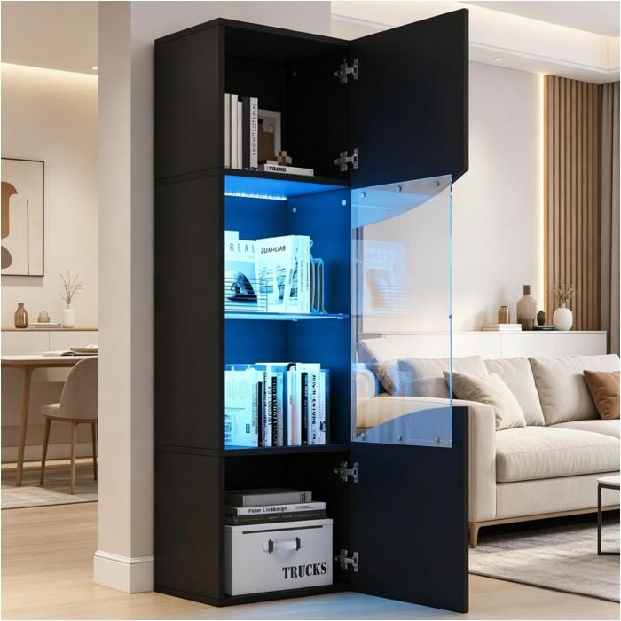 Vitrine Haute Noire Laquée 35x50x165cm Portes Vitrées LED Rangement Décoratif Surface Concave Ondulée Salon Vitrine Haute Noire Laquée 35x50x165cm Portes Vitrées LED Rangement Décoratif Surface Concave Ondulée Salon