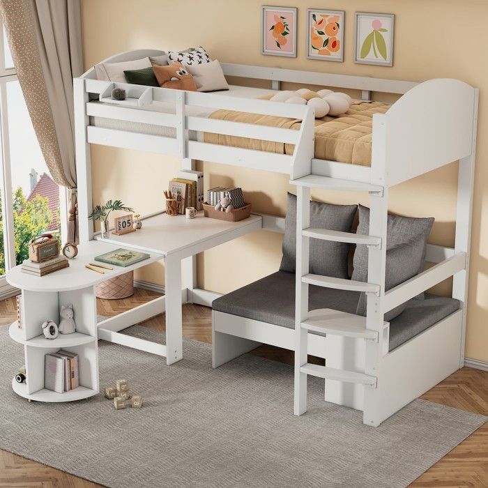 Lit superposé - PAGE Living - 90 x 200 cm - Bois massif blanc - Bureau escamotable & canapé de rangement