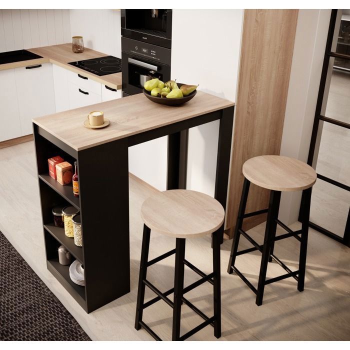 Table haute de bar avec deux tabourets 110x103x50 cm Noir et Sonoma mat Table de cuisine avec 3 étagères Modèle Kyra Table haute de bar avec deux tabourets 110x103x50 cm Noir et Sonoma mat Table de cuisine avec 3 étagères Modèle Kyra