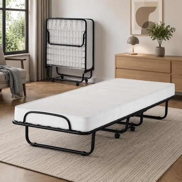 Lit pliant - PAGE LIVING - structure U - matelas mémoire de forme 10 cm - 4 roulettes - 80 x 190 cm