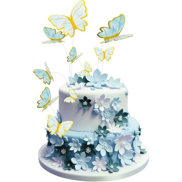 Toppers 3D - UVTQSSP - Lot 55 papillons 3D - Bleu et doré - Carton pailleté - Piques alimentaires inclus