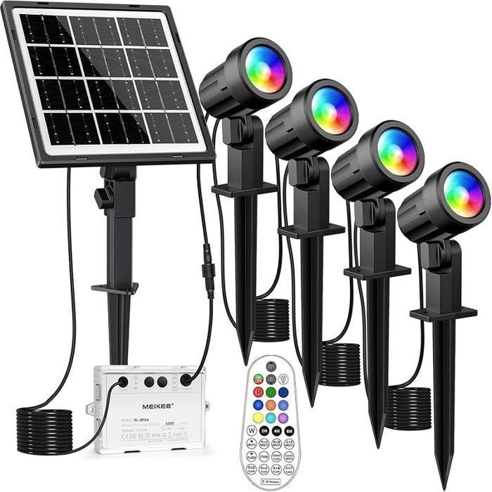 Spot Solaire RGB Télécommande 4 en 1 Lampe Solaire Exterieur Étanche IP66 Eclairage Multicolore avec Panneau Solaire 5000mAh