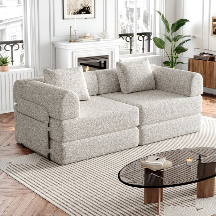 Canapé convertible 2 places en chenille modulable avec rangement dans l’accoudoir coloris beige