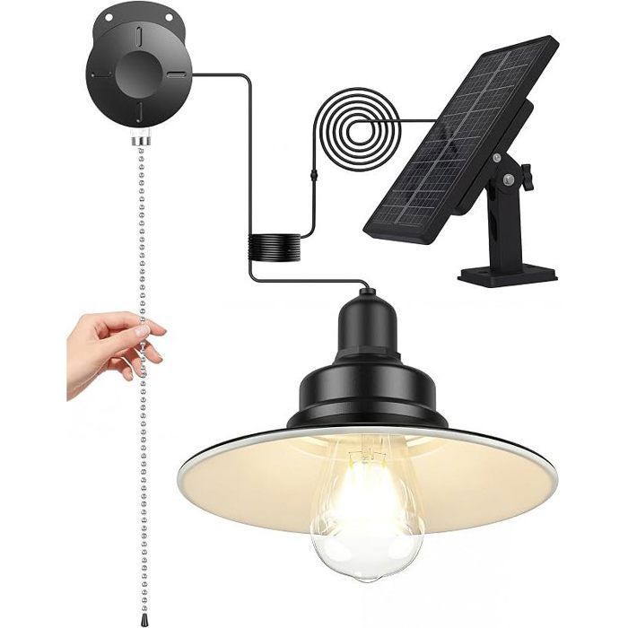 Lampe Solaire Interieur Extérieur Avec Interrupteur à Tirette Ampoules E27 Etanche IP65 Suspendue Éclairage Pergola Blanc Froid