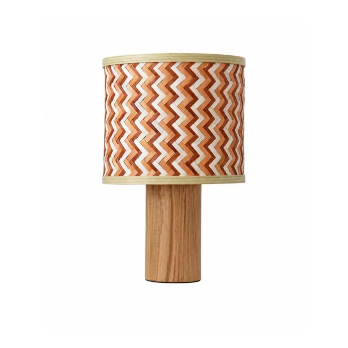 Lampe à poser en bois de chêne et tressage en bambou crème et orange - Phil - Maison Pavane