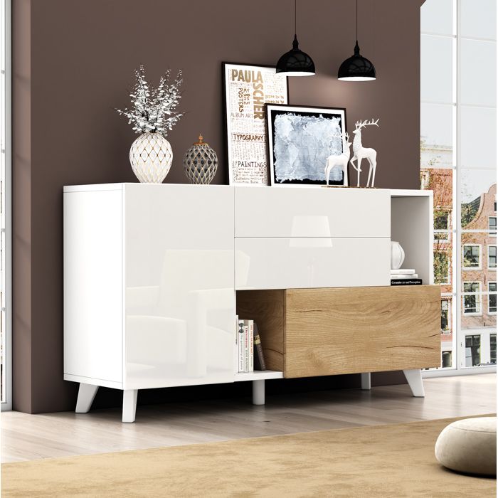 JOINERY meuble buffet bas rangement 130 x 40 x 70 cm blanc brillant et décor bois clair 2 portes 2 tiroirs style scandinave