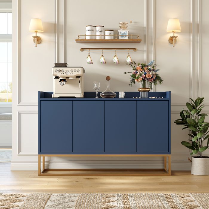 Buffet bas en bois - 120x30x80 cm - 4 portes - Buffet salon avec étagère réglable - Buffet bahut pour salon salle à manger - Bleu