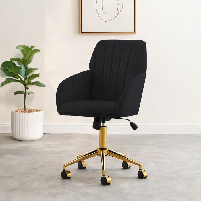 Fauteuil de bureau pivotant en velours noir assise réglable de 50 à 59 cm et dossier ergonomique pour espace de travail à domicile