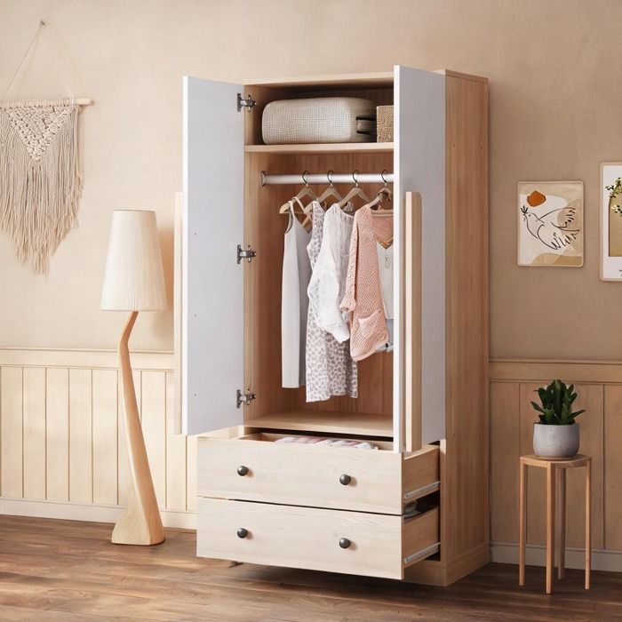 Armoire dressing 2 portes 70x40x170 cm bois naturel et blanc avec penderie et tiroirs style contemporain