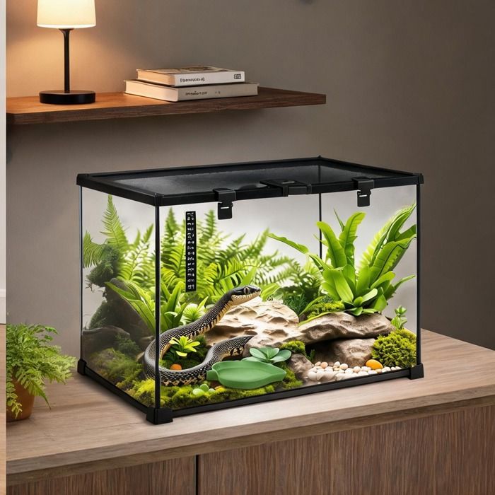 Terrarium en verre noir 50x30x35 cm avec couvercle coulissant métallique et thermomètre pour reptiles