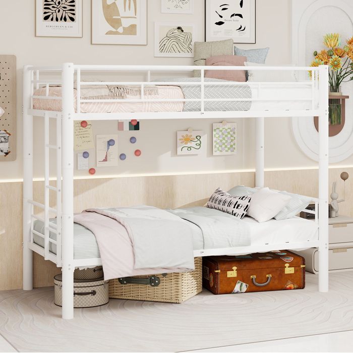 Lit superposé en métal blanc convertible - échelle et barrières de sécurité - 90 x 190 cm - sans matelas