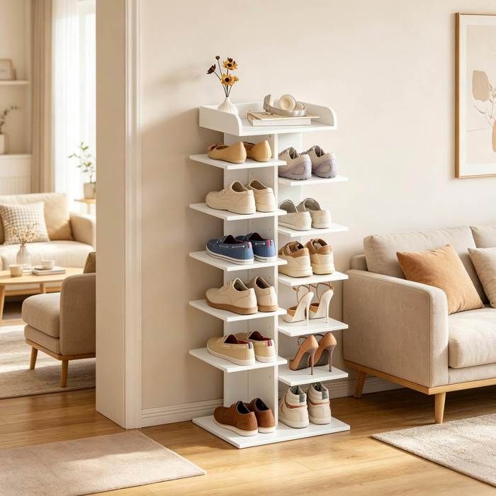 SENVIRO Meuble à chaussures ouvert 40 x 30 x 114 cm panneaux de particules E1 blanc entrée et chambre charge max 45 kg
