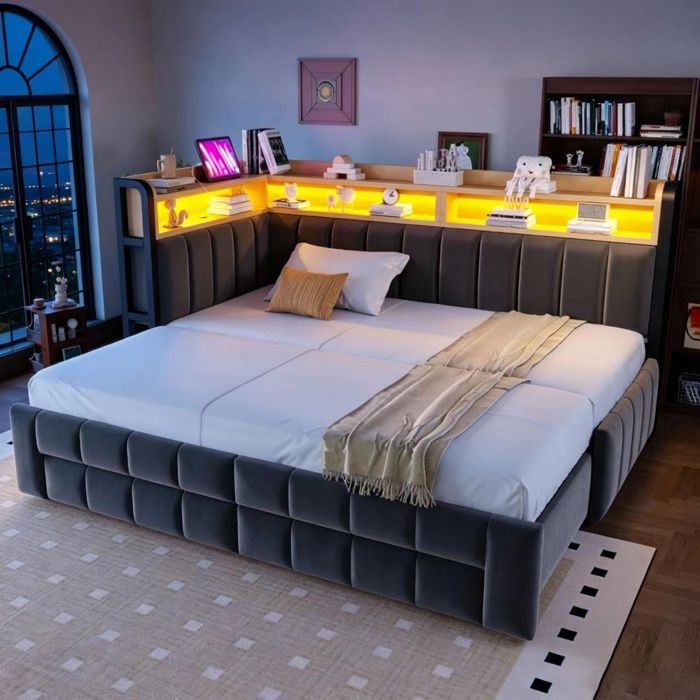 Luscriate - Lit gigogne 90/180x200 cm lit rembourré canapé-lit avec LED USB-C velours - Gris foncé