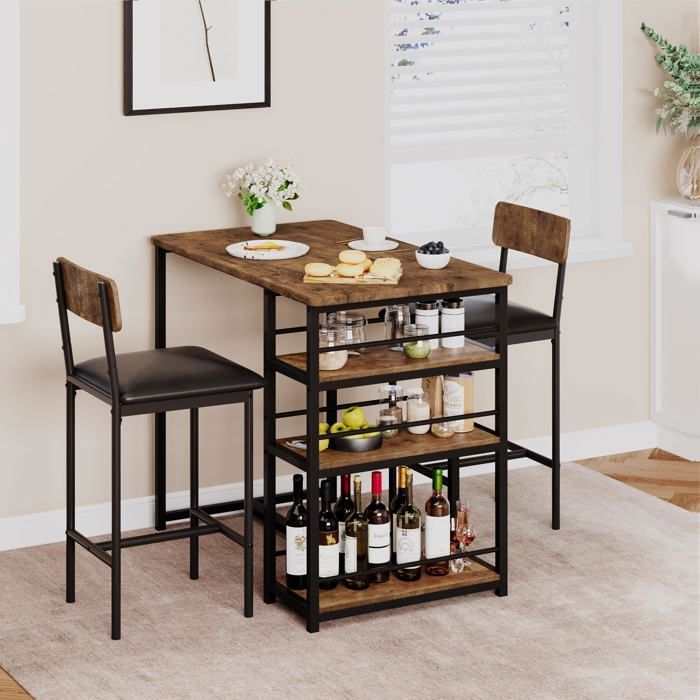 Ensemble de table et chaises 3 pièces – Table en bois assises confortables – Parfait pour petits espaces ou cuisine – Marron
