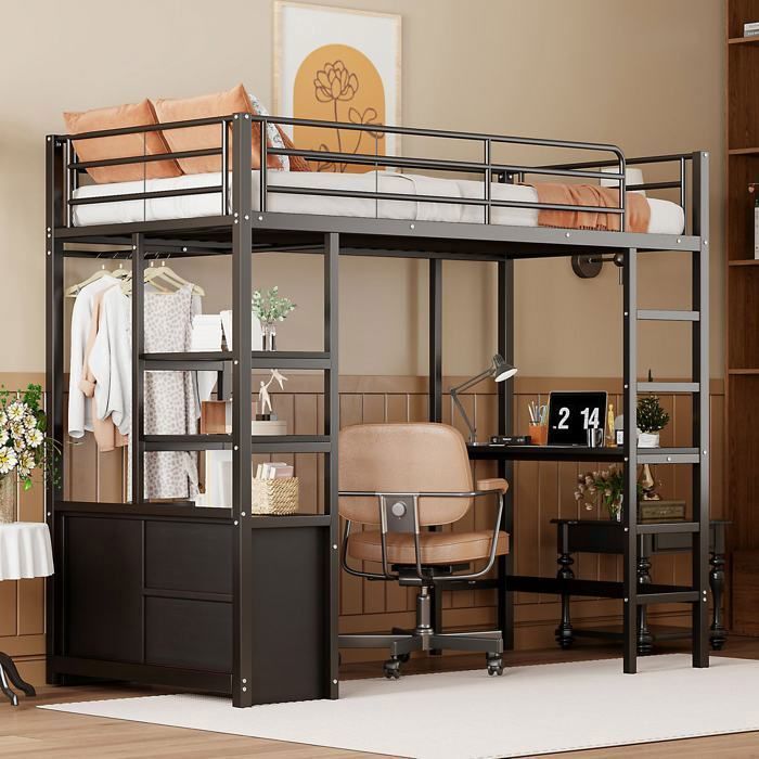 Lit mezzanine 90x200 cm noir en métal avec bureau étagères placard ouvert prises USB et échelle sans matelas