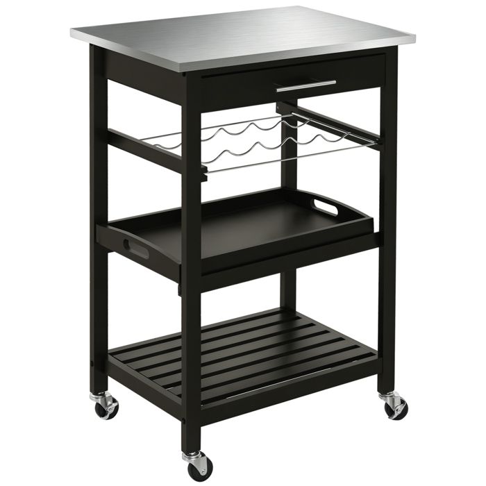 Desserte de Cuisine Chariot de Service à Roulettes avec Plateau Inox Porte-Bouteilles et Tiroir Noir x x 85H cm 60L 40l