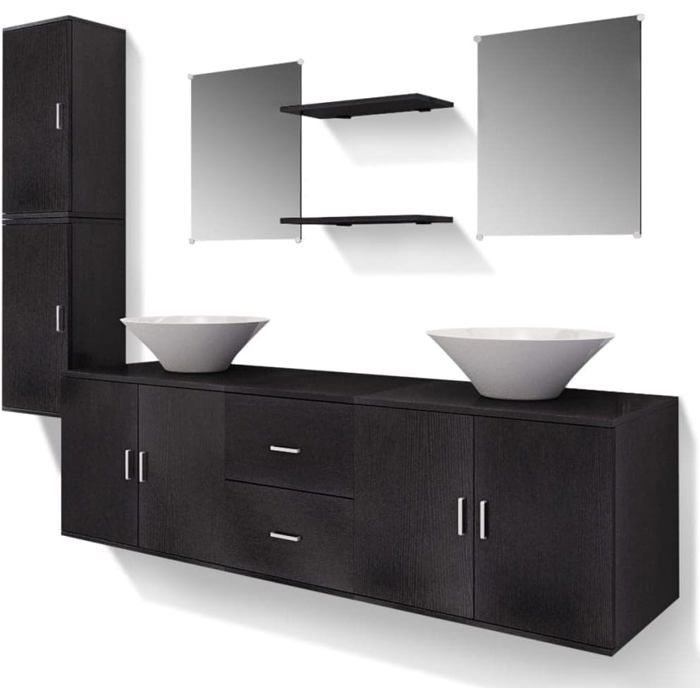 vidaXL Ensemble Meuble de Salle de Bain 9 pièces Noir avec 2 Lavabos en Céramique