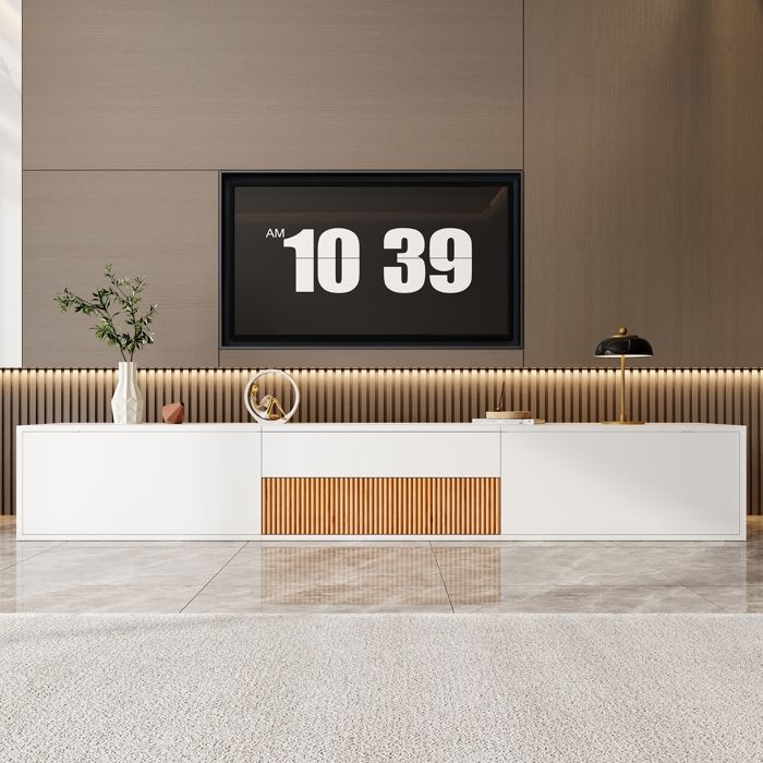 Meuble TV 180cm 3 Portes Banc TV Bas pour Salon Tablette Coulissante pour Projecteur Panneaux de Particules 180x34x30cm Blanc