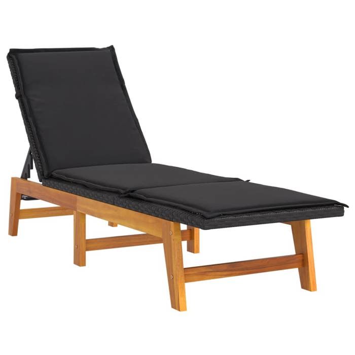 transat chaise longue bain de soleil en résine tressée et bois d'acacia massif avec coussin - helloshop26