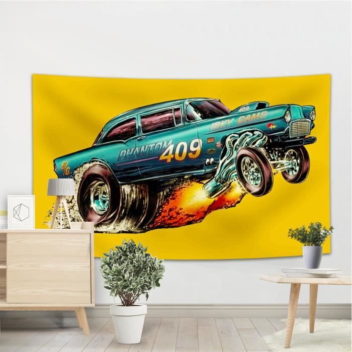 Papier peint,Bannière de tapisserie de voiture de sport vintage,Hot  Wheels,Mustang Dodge,Art cool- [TS2307CDJ246]-90CMx150CM