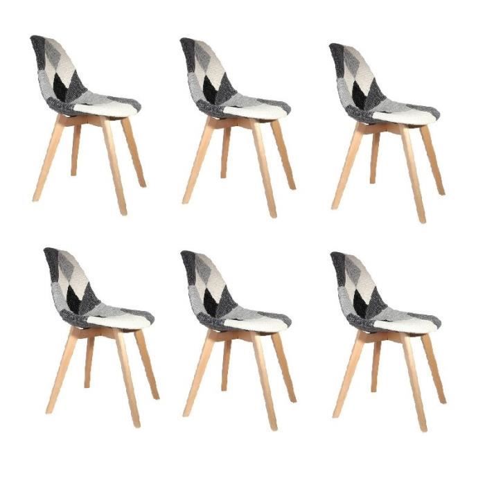 chaises - lot de 6 chaises patchwork noir et blanc | h 85 x p 54 x l 46,50 cm | pieds en bois brut | design scandinave