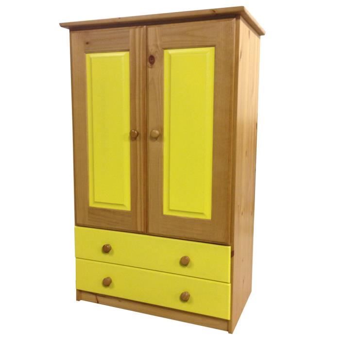 Armoire pin massif Ortiz avec Tiroirs et Penderie Antique et Jaune