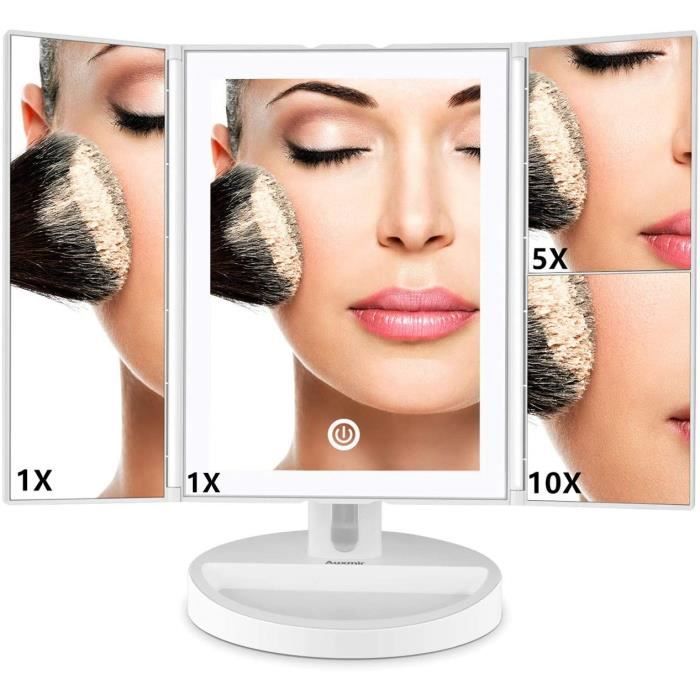 Écran Tactile Blanc Auxmir Miroir de Maquillage Lumineux LED 3 Faces 1X / 5X / 10X Grossissement Pliable avec Plateau de Rangement Luminosité Variable 
