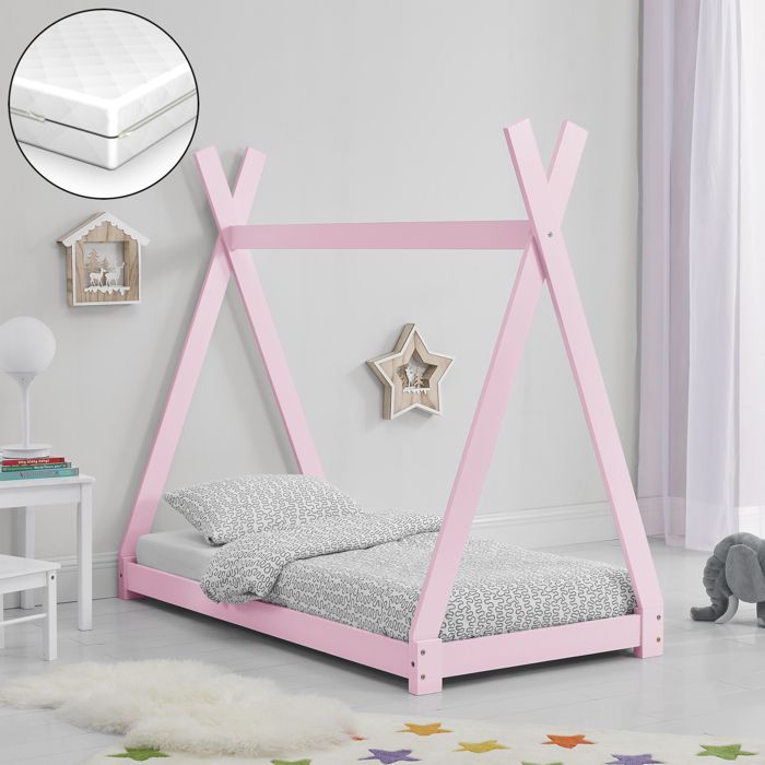 lit d'enfant lit tipi avec matelas pin mousse à froid polyester rose confortable 168,5x86x150cm [en.casa]
