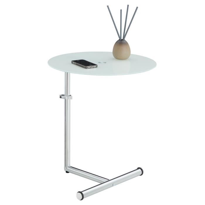 table d'appoint ronde leonie en métal chromé et verre trempé blanc, hauteur réglable