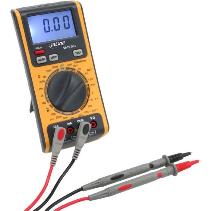 Multimètre InLine® 3-in-1, avec RJ45 / RJ11, testeur de câbles et de batteries