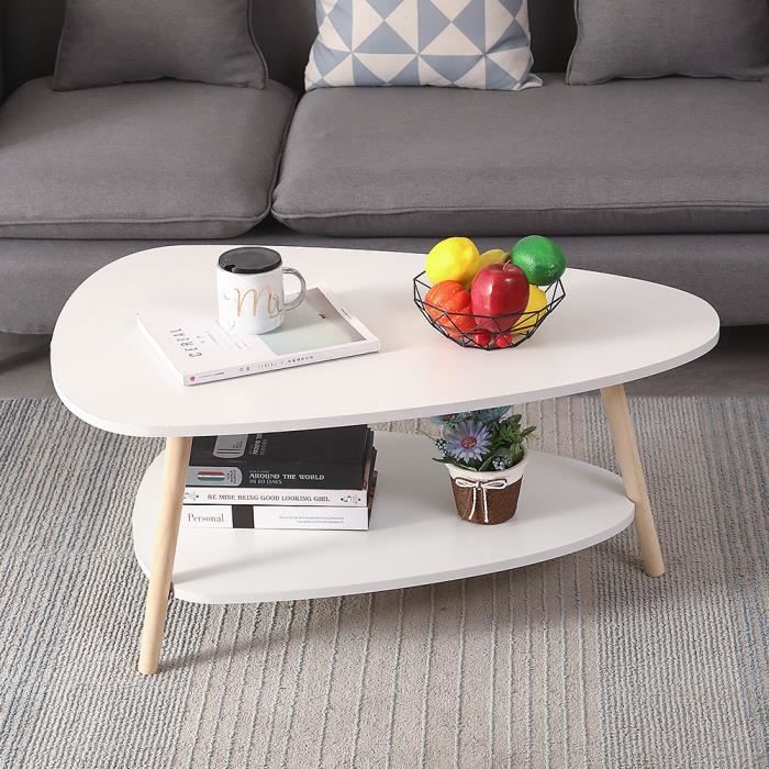 Table basse ovale scandinave - JEOBEST - Blanc laqué mat - 2 étagère - Pieds en bois hêtre massif