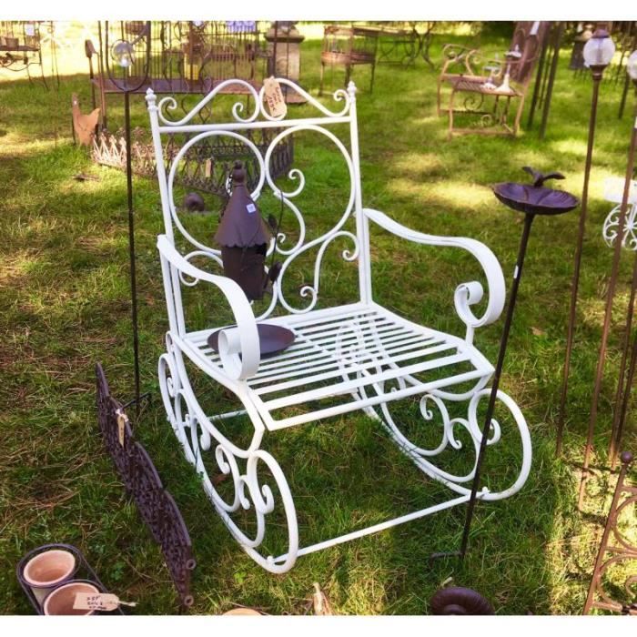 Rocking Chair Louisiane Blanc Chaise Fauteuil de Jardin à Bascule Intérieur Extérieur en Métal Patiné 60x80x89cm Rocking Chair Louisiane Blanc Chaise Fauteuil de Jardin à Bascule Intérieur Extérieur en Métal Patiné 60x80x89cm
