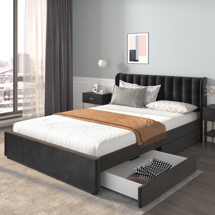 Lit Coffre Adulte 140 x 200 cm en Velours Noir avec Tête de Lit Sommier à Lattes Inlcus 2 Tiroirs Style Scandinave Lit Coffre Adulte 140 x 200 cm en Velours Noir avec Tête de Lit Sommier à Lattes Inlcus 2 Tiroirs Style Scandinave