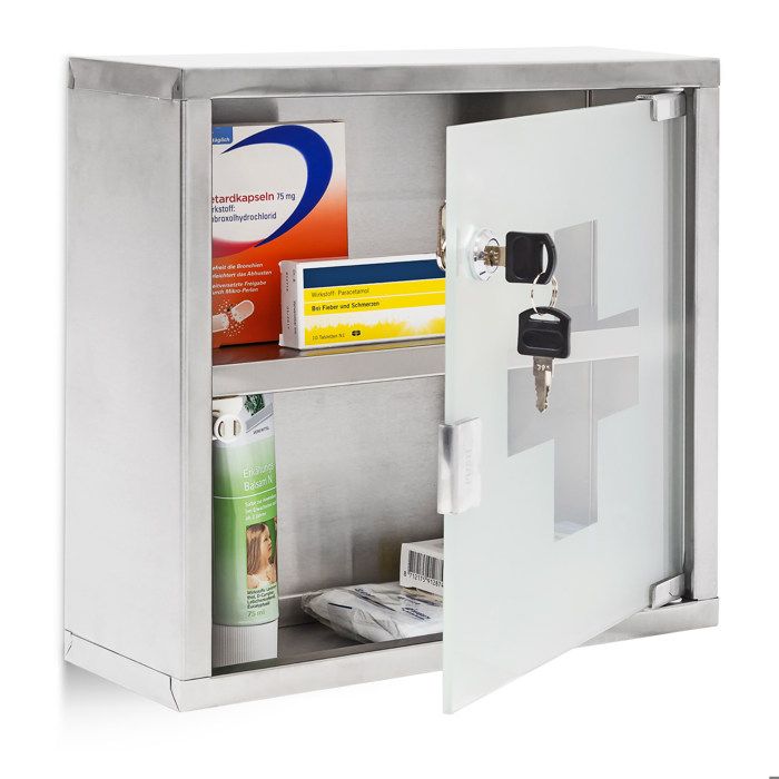 Relaxdays Armoire à&nbsp;Pharmacie EMERGENCY Inox Porte en Verre Rangement H x l x P: 30 x 30 12 cm Remèdes Moderne Salle bain gris