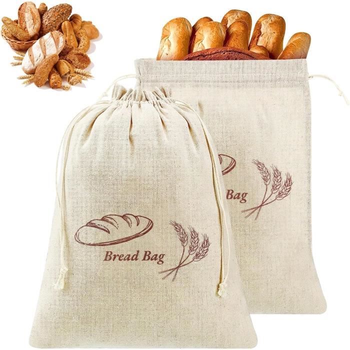 2 Sacs à Pain En Lin Réutilisables - 40x30cm Avec Cordon - Conservation Pain, Fruits, Légumes - Lavable Machine