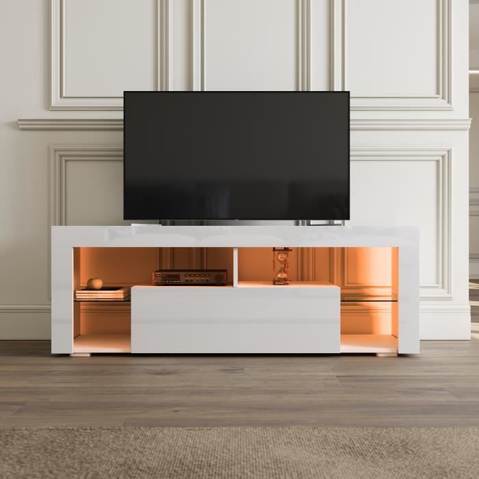Meuble TV LED SIRHONA 140cm - Noir Avec Éclairage RGB - Verre Trempé 30kg Charge