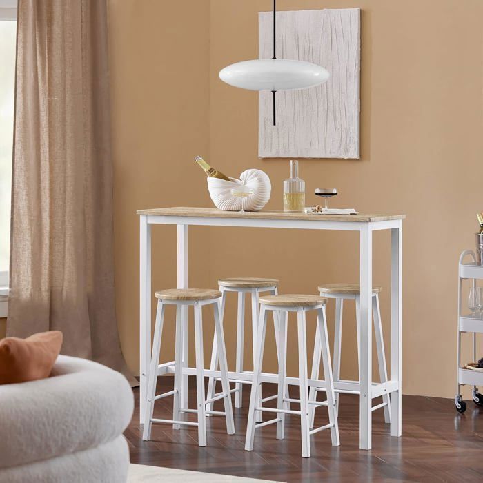 SoBuy Ensemble Table de Bar avec 4 Tabourets Mange-Debout Haute Cuisine Cadre en Acier Blanc et Plateau Effet Bois 120x40x100cm