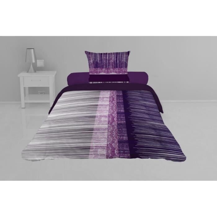 Parure housse de couette 140x200 cm GRAPHIQUE en coton 57fils-cm2 prune