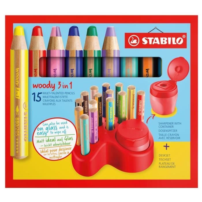 Crayon de couleur Stabilo Woody 3 en 1 couleurs assorties - Boite de 10 + 1  taille-crayon sur
