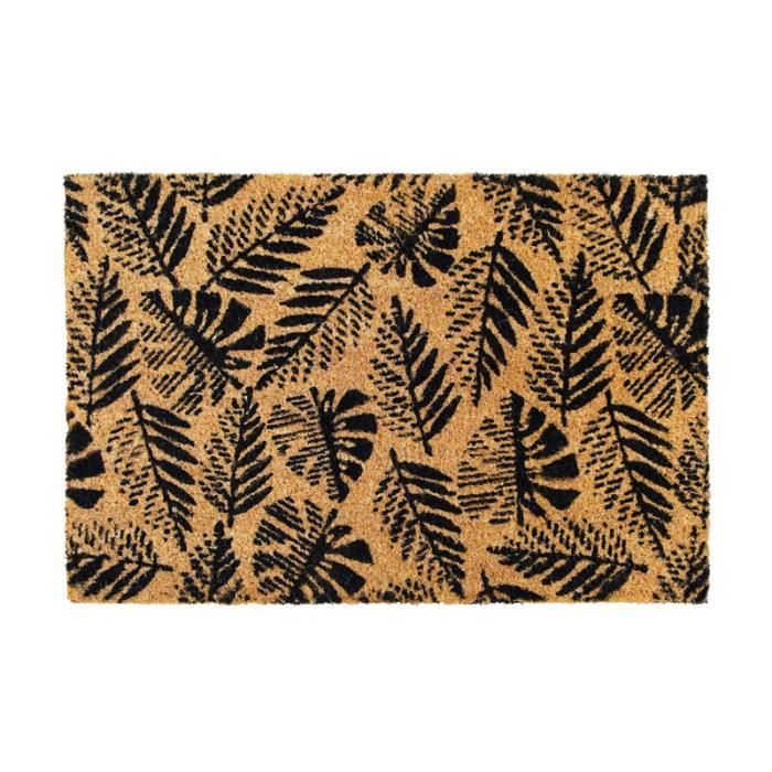 FOUGERE - Tapis Paillasson en fibre de coco motif fougères naturel et noir 60 x 40 cm