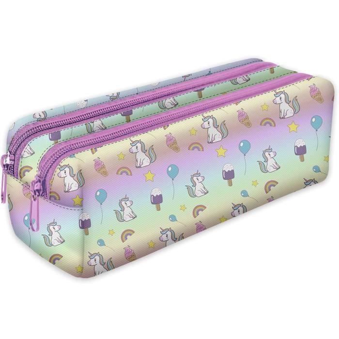 Trousse D'Écolier Licorne 2 Avec Oreilles Et Queue Arc-en-Ciel - 21x10x8 Cm Double Zip