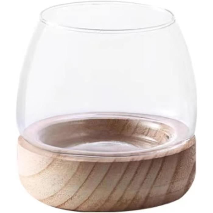Petit Aquarium Vase En Verre Avec Base Bois - Bocal Poisson Hydroponique Transparent