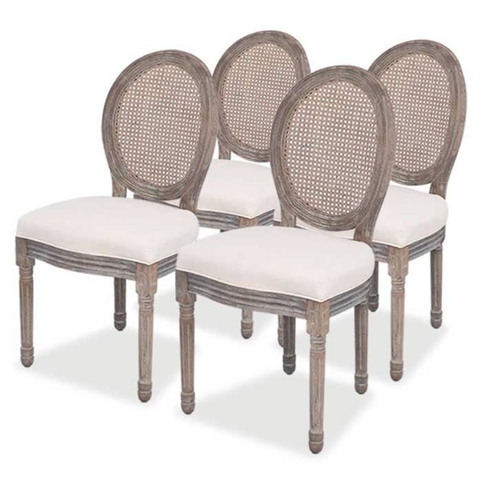 Chaises de salle à manger - vidaXL - Lot de 4 - Crème - Lin - Dossier en rotin