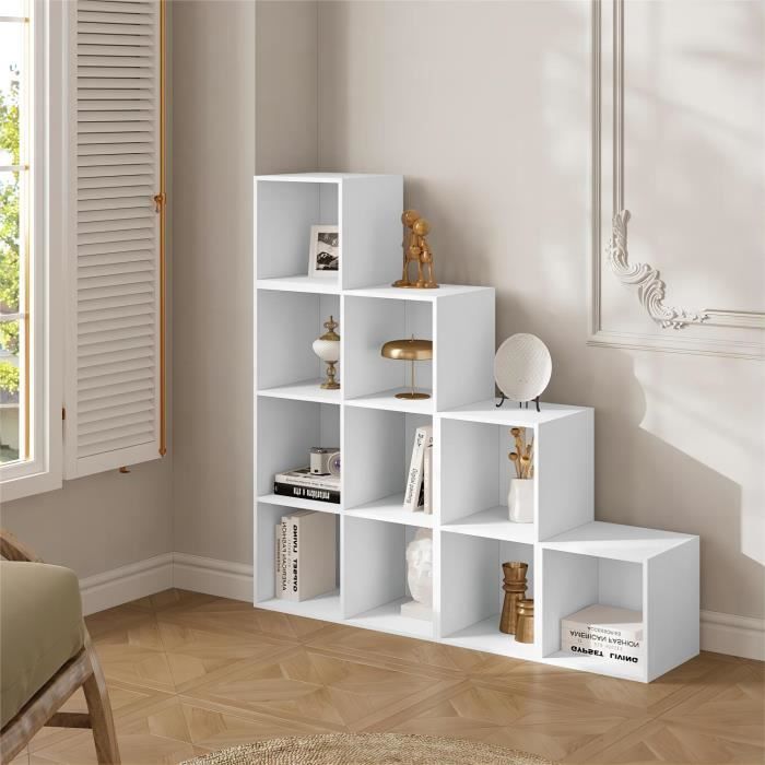 Bibliothèque 10 Compartiments WOLTU - 136x29x136cm, Bois Ingénierie Blanc, Pour Salon, Chambre, Bureau