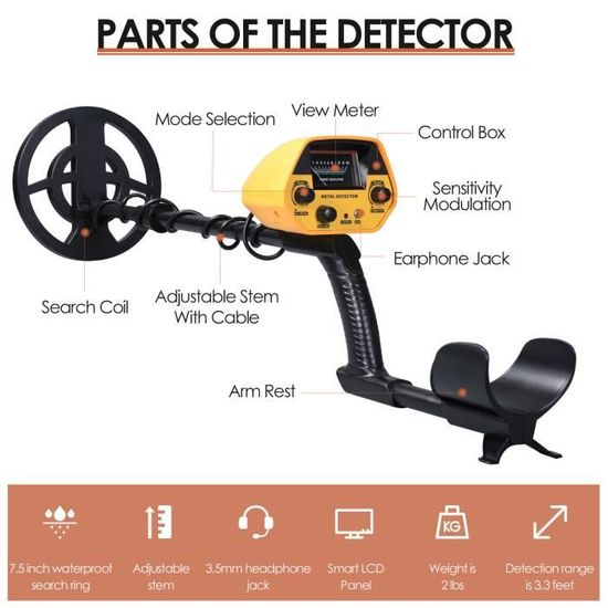 Détecteur De Métaux Professionnel Pour Adultes Et Enfants – Modes All Metal & DISC – Hauteur Réglable 78-107 Cm – Profondeur 1-30 Cm – Kit Complet Avec Casque Et Pelle