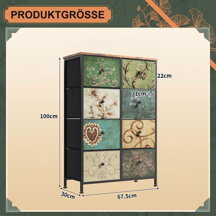 Commode 9 Tiroirs En Tissu Avec Motif Fleur Vintage – Cadre Métal – Rangement Chambre, Salon, Entrée – Marron Rustique - 6