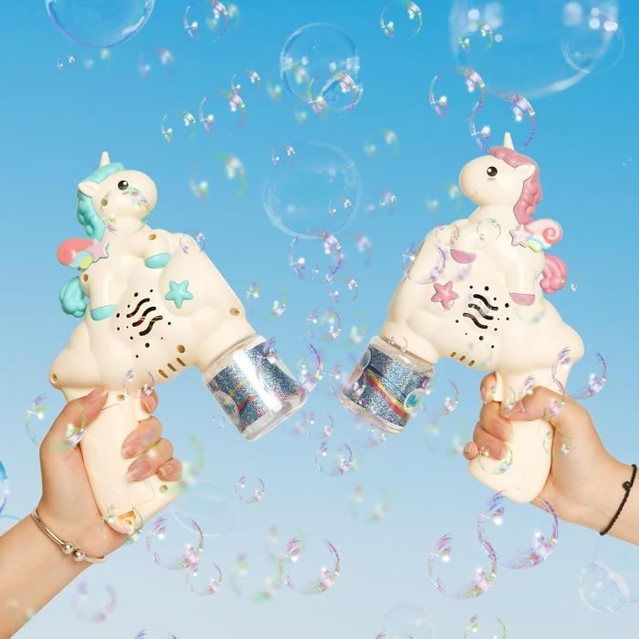 Pistolet à Bulles Licorne – Machine à Bulles Automatique 10 000 Bulles/min – 12 Trous, LED, 90 Ml – Cadeau Enfant 3 Ans+