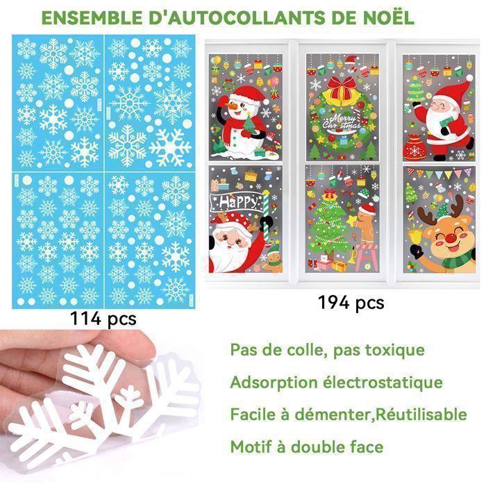 Lot De 108 Autocollants Fenêtre Noël Réutilisables - Flocons De Neige, Adhésion Statique, Pour Vitres & Miroirs