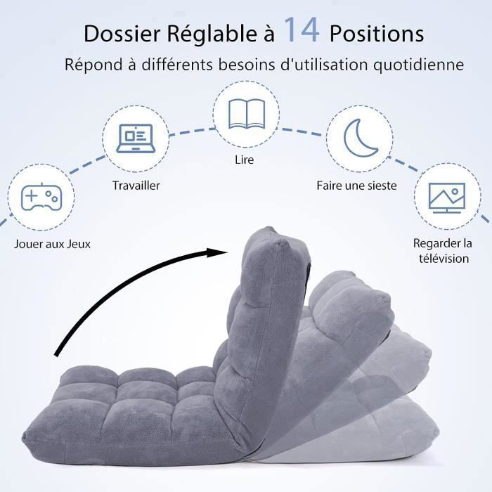 Fauteuil Tatami Pliable Yaheetech - Dossier Multiposition 90° à 180° - Gris